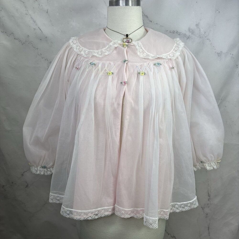 Vintage 60s Dainty Chiffon Bed Jacket Flower Pink pastel Cottage Soft Girl MCM M - Picture 4 of 16